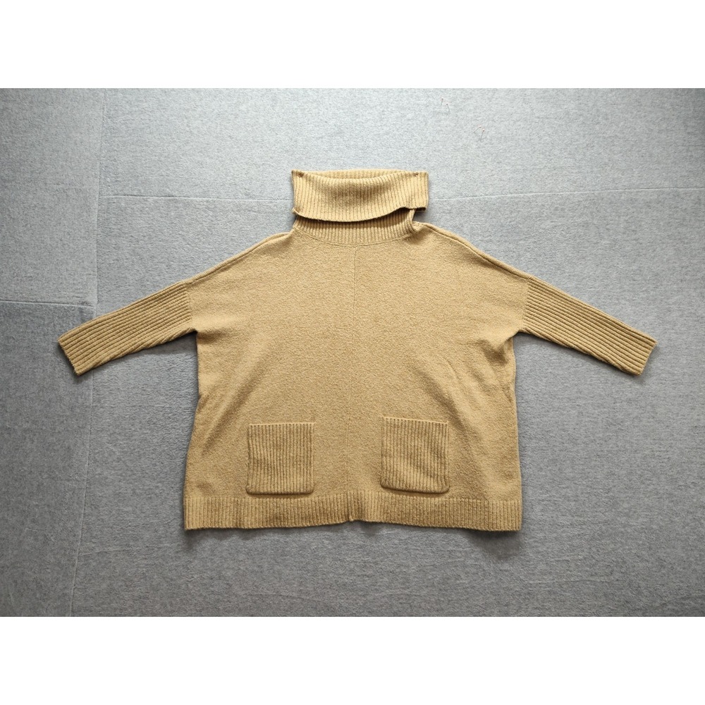 LOFT Women Sweater XXSP Camel Tan Ribbed Knit Turtleneck Patch Pockets Pullover